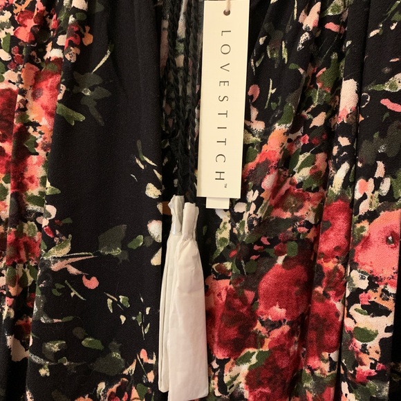 New never worn Love Stitch blouse. Black with red and pink flowers. Tie front. - Picture 2 of 7